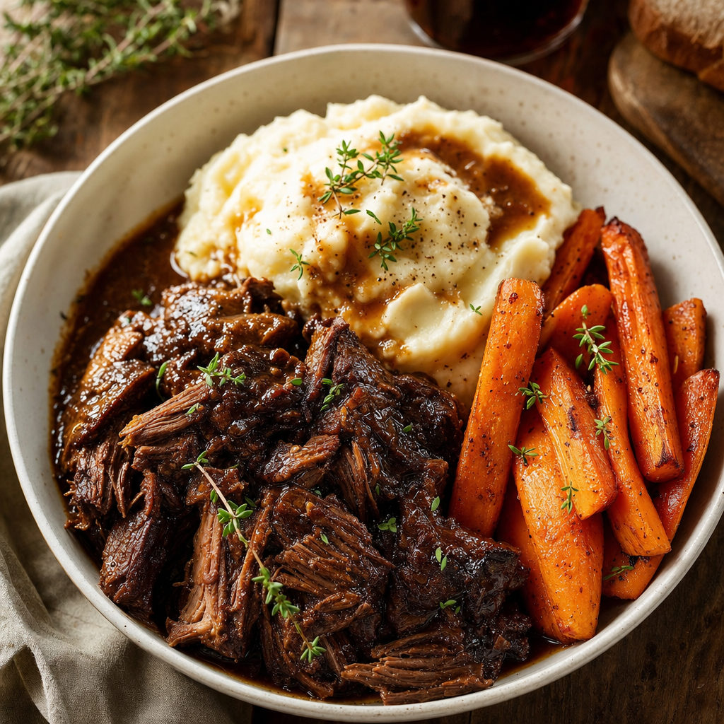 Braised Beef with Mashed Potatoes & Roasted Carrots